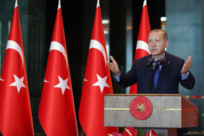 FILE - Turkish President Recep Tayyip Erdogan delivers a speech during Turkish ambassadors' conference at Presidential Palace in Ankara, Turkey, on Aug. 13, 2018.