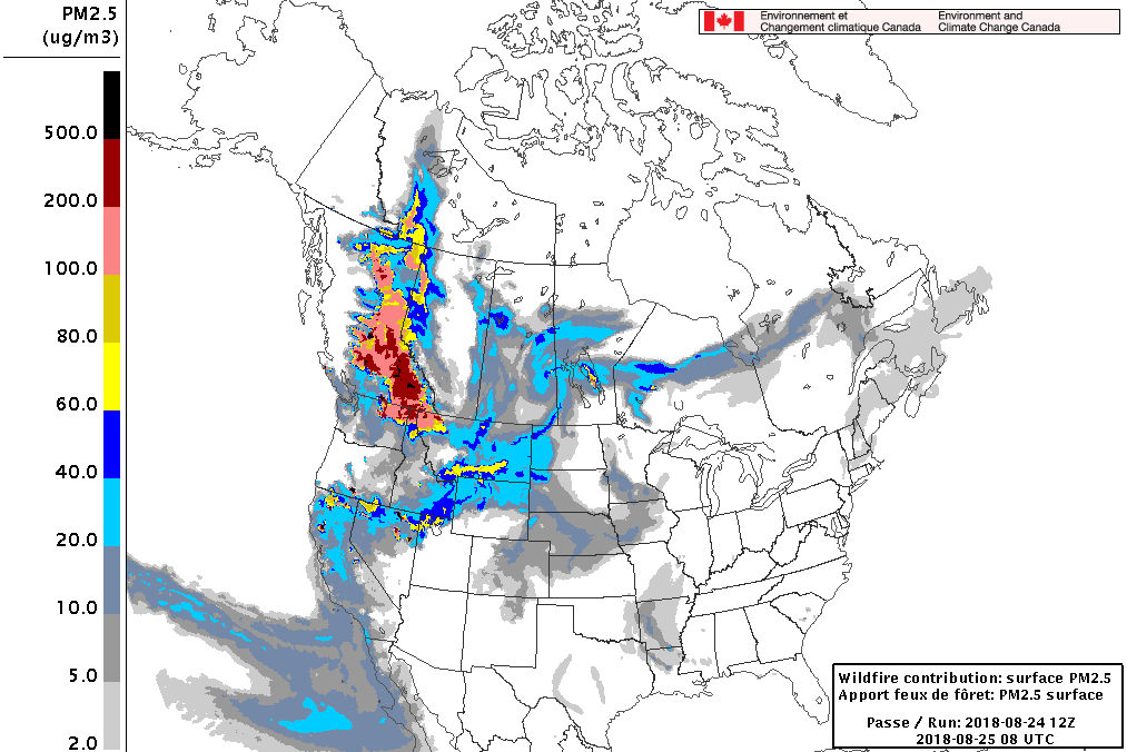 Projected PM2.5 concentrations across Canada on Aug. 25.