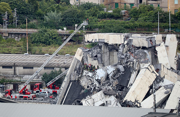The collapsed Morandi Bridge is seen in the Italian port city of Genoa, August 14, 2018.