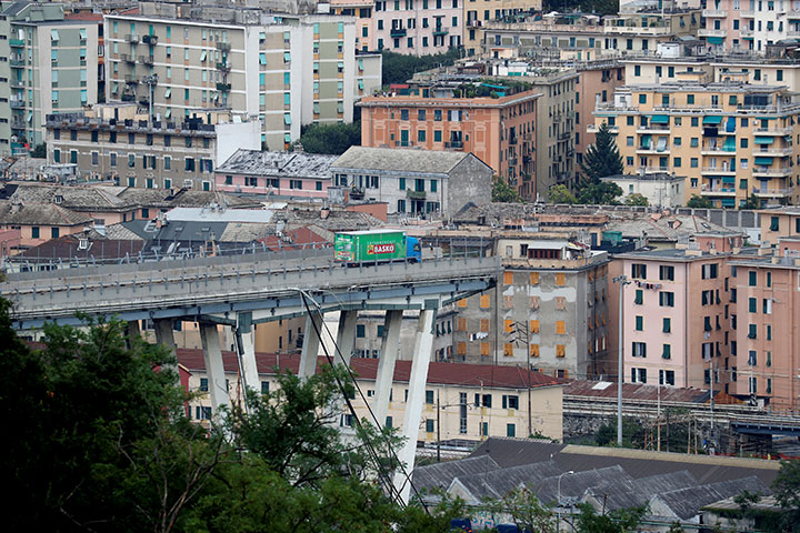 The collapsed Morandi Bridge is seen in the Italian port city of Genoa, August 14, 2018.