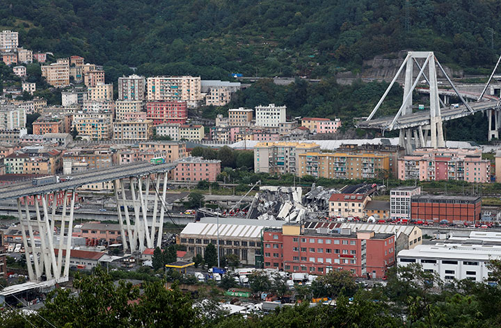The collapsed Morandi Bridge is seen in the Italian port city of Genoa, August 14, 2018.