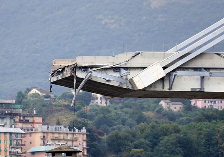 The collapsed Morandi Bridge is seen in the Italian port city of Genoa, August 14, 2018.