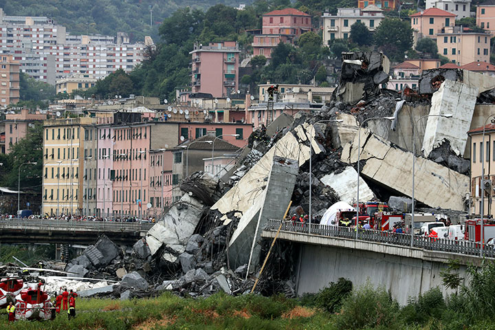 The collapsed Morandi Bridge is seen in the Italian port city of Genoa, August 14, 2018.