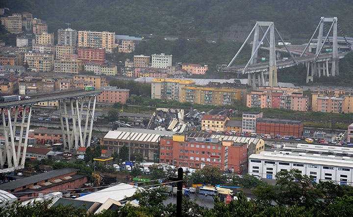 The collapsed Morandi Bridge is seen in the Italian port city of Genoa on August 14, 2018.