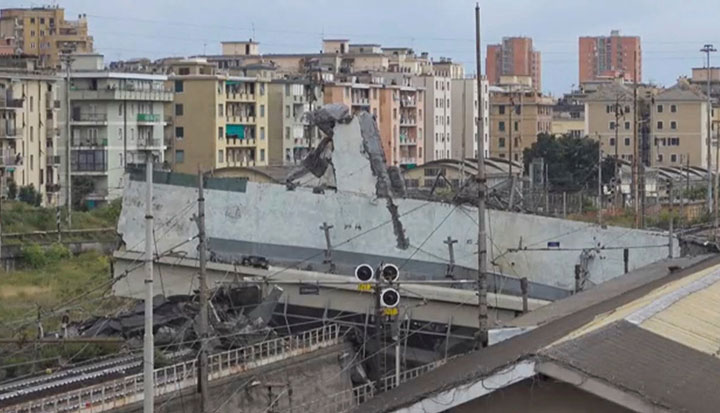 The collapsed Morandi Bridge is seen in the Italian port city of Genoa, August 14, 2018.