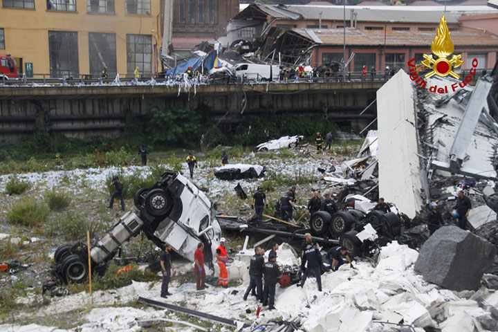The collapsed Morandi Bridge is seen in the Italian port city of Genoa in this picture released by Italian firefighters on August 14, 2018.
