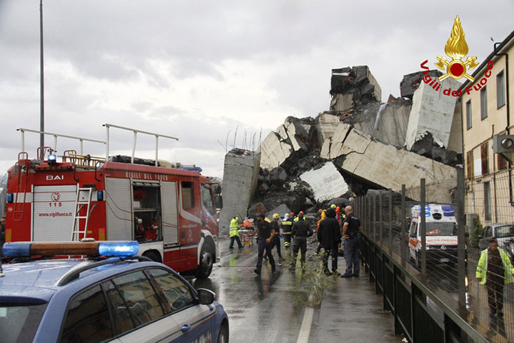The collapsed Morandi Bridge is seen in the Italian port city of Genoa in this picture released by Italian firefighters on August 14, 2018.