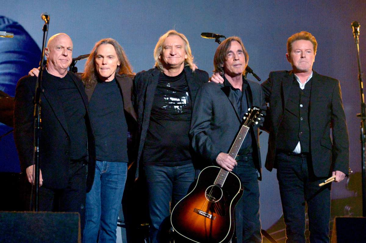 Musicians Bernie Leadon, Timothy B. Schmit, Joe Walsh and Don Henley of The Eagles perform with Jackson Browne (second from right) onstage during the 58th Grammy Awards at the Staples Center on Feb. 15, 2016 in Los Angeles, California.