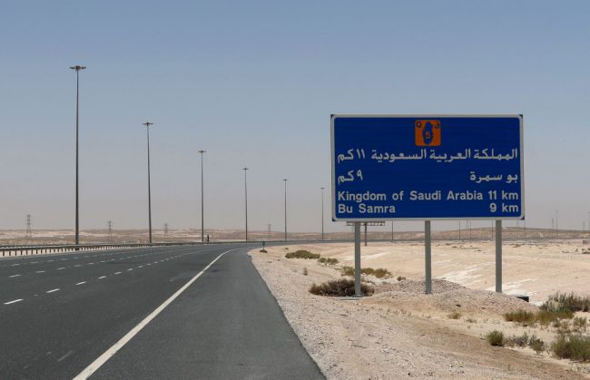 A picture shows a road sign near the Abu Samrah border crossing between Qatar and Saudi Arabia, June 20, 2017.




