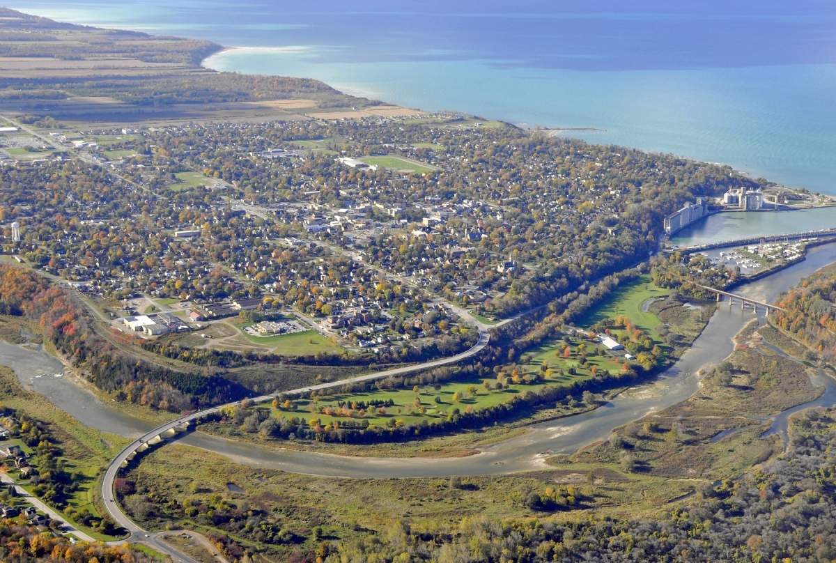 An aerial view of Goderich in autumn.