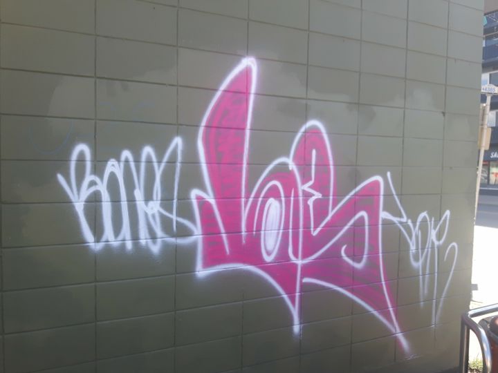 Kalum Teke Dan sent in this photo of graffiti sprayed on the corner of the building he is painting in Calgary as part of the Beltline Urban Murals Project.