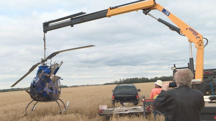 Daniel Jacobs returned to a a wheat field northeast of Edmonton on Monday to recover the helicopter he was in that crashed over the weekend.