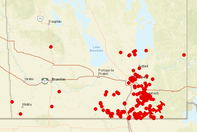 Red dots show Manitoba Hydro power outages in the Southwestern part of the province.
