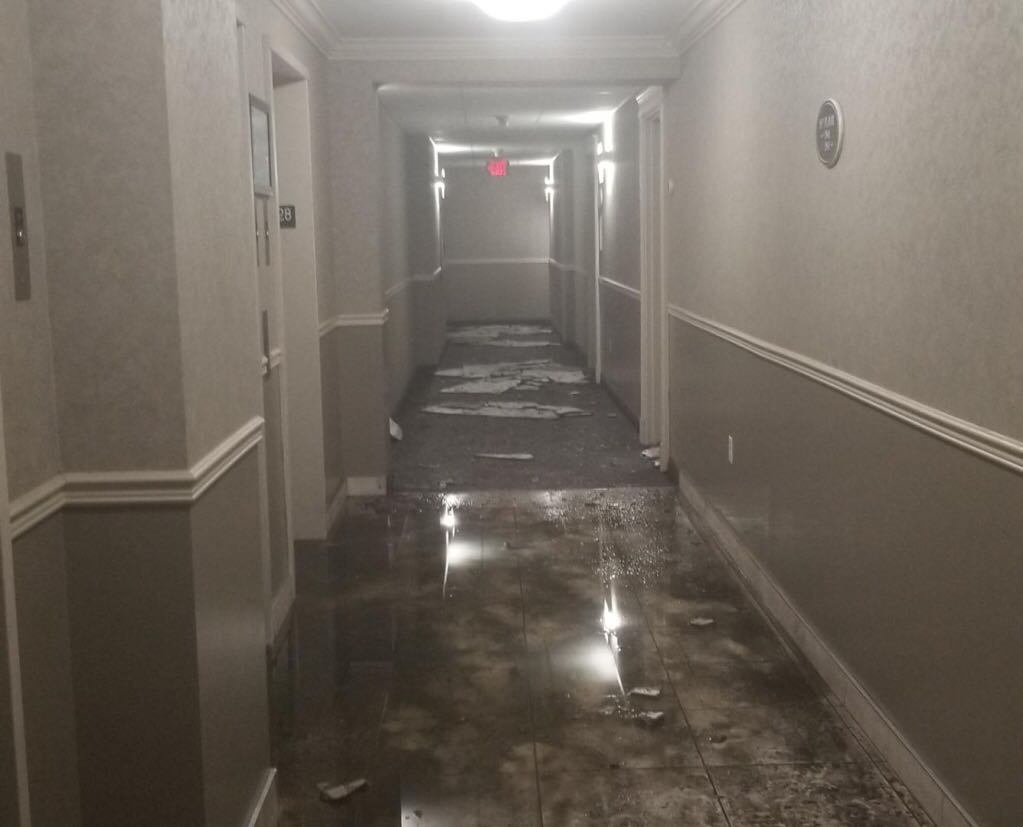 Water damage inside King Street's Renaissance building in London, Ont., caused by a burst water main.