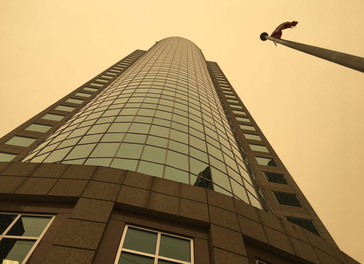 Smoky, hazy skies over downtown Winnipeg.