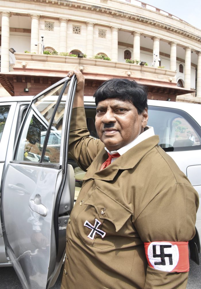 Indian lawmaker Naramalli Sivaprasa is shown in his full Adolf Hitler costume on Aug, 10, 2018 in New Delhi, India.