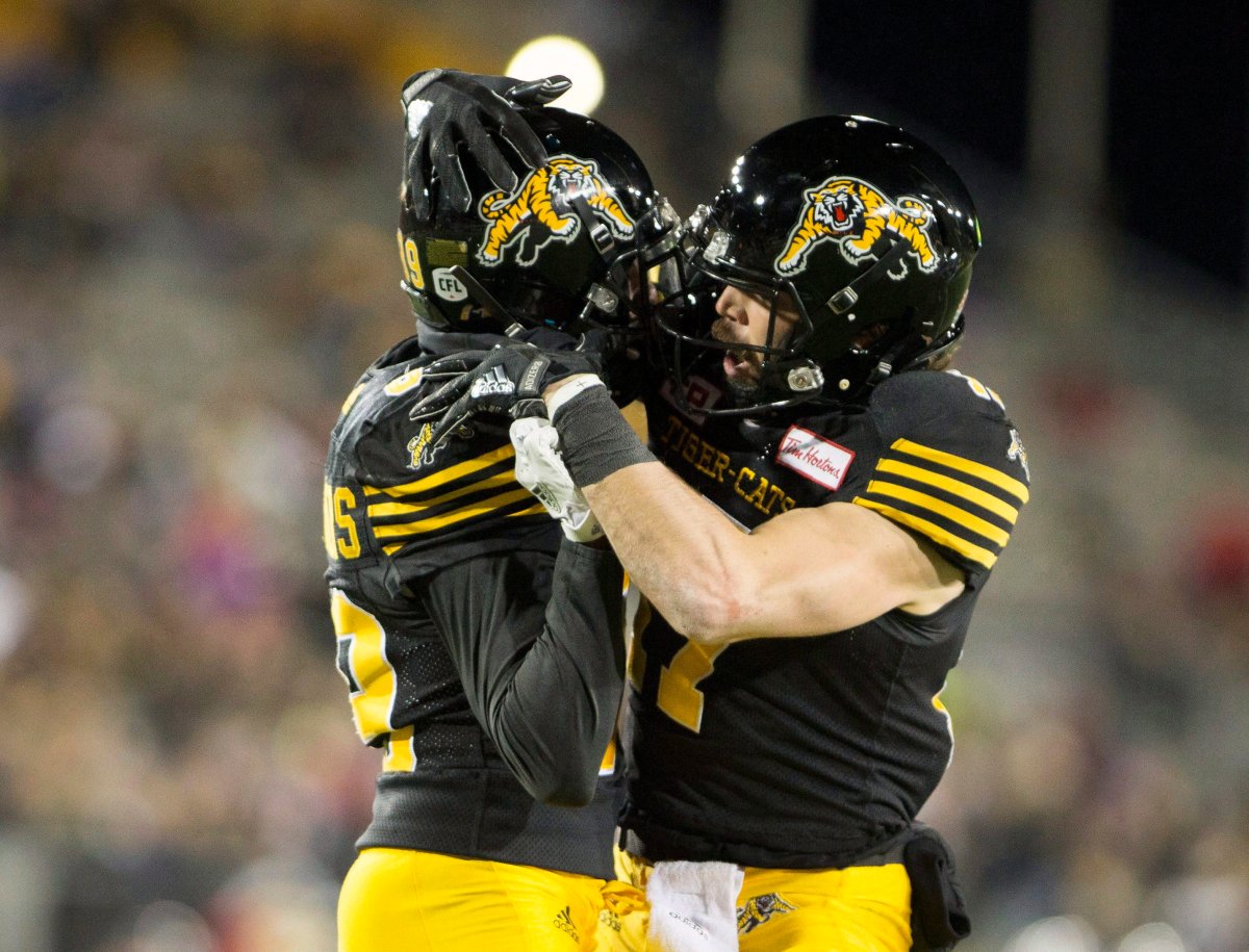 Hamilton Tiger-Cats wide receiver Luke Tasker (17) celebrates his touchdown with Hamilton Tiger-Cats wide receiver Jalen Saunders (89) during first half CFL football action against the Montreal Alouettes in Hamilton, Ont., Friday, November 3, 2017.