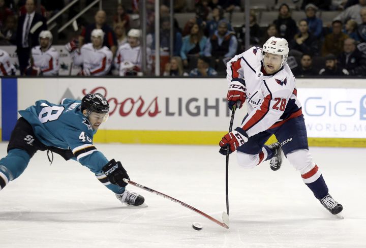 Washington Capitals' Jakub Jerabek, right, clears the puck next to San Jose Sharks' Tomas Hertl during the first period of an NHL hockey game Saturday, March 10, 2018, in San Jose, Calif. 