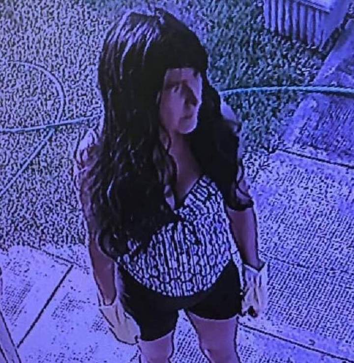 A still photo from surveillance video showing Sharon Forner standing at the doorstep of the home in Osoyoos, B.C., before her foiled invasion attempt last August.