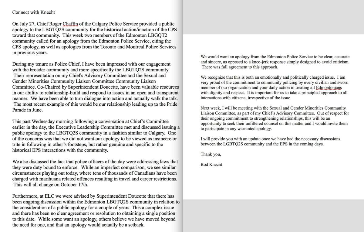 A copy of a leaked memo from Edmonton Police Chief Rod Knecht.