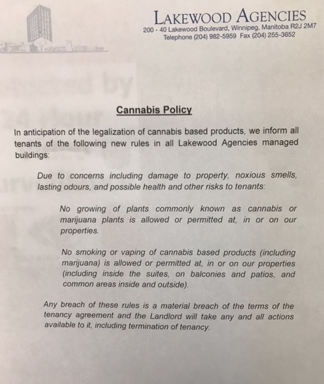 A copy of the cannabis policy Lakewood Agencies gave to tenants at all 14 buildings it manages.