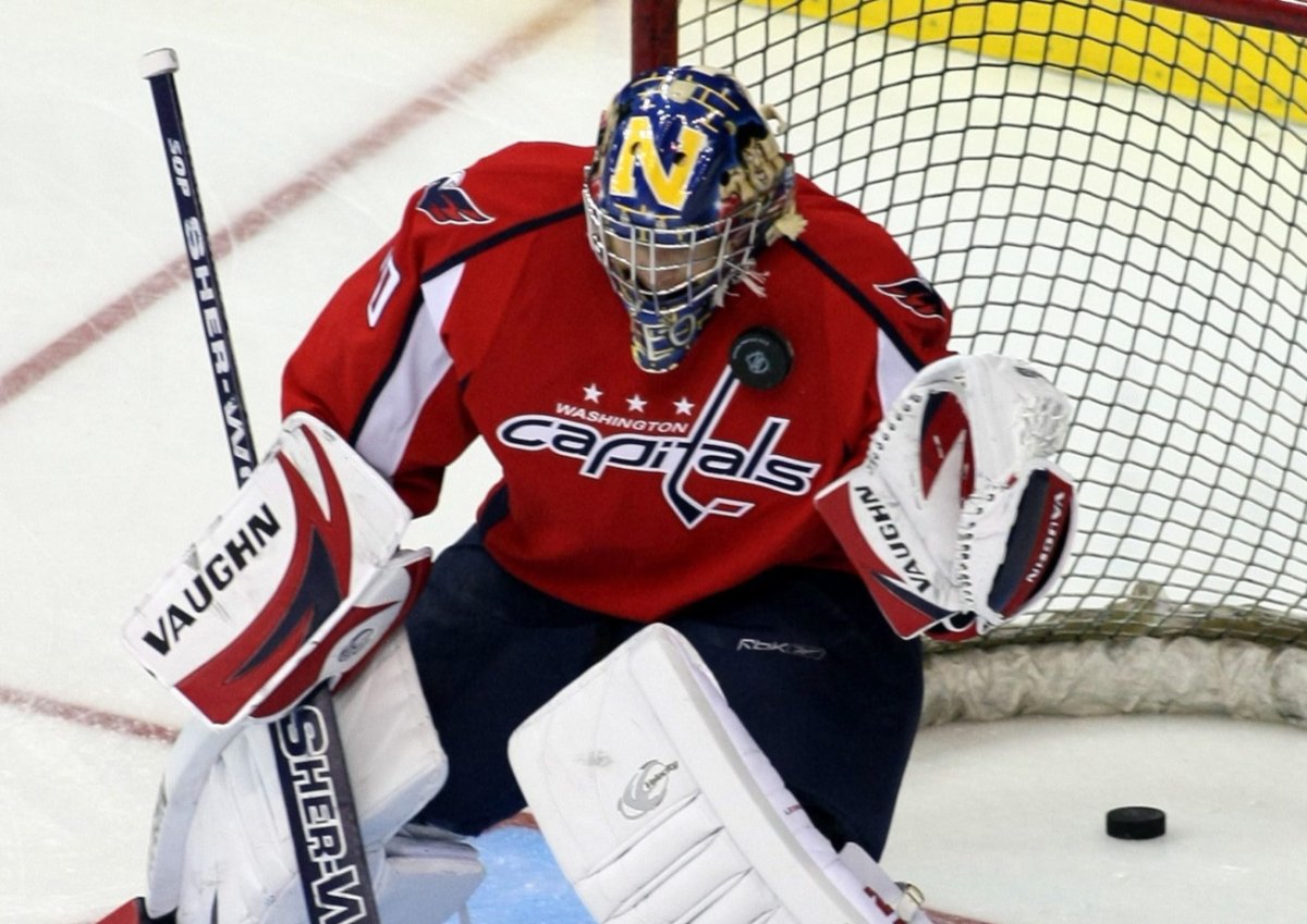 Brett Leonhardt dressed as an emergency backup goalie for the Capitals in 2008. This photo was taken during warmup.