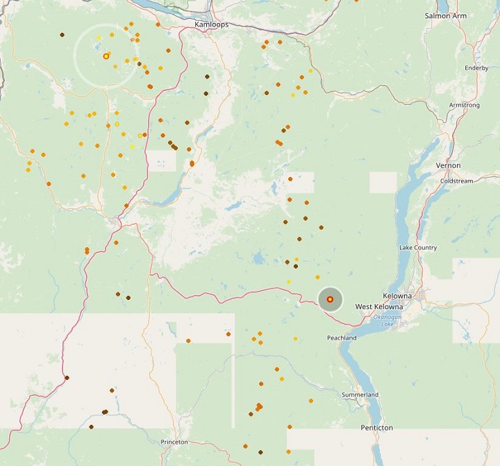 Each dot on this map represents a lightning strike in and around the Okanagan on Saturday, between 3 p.m. and 4 p.m.