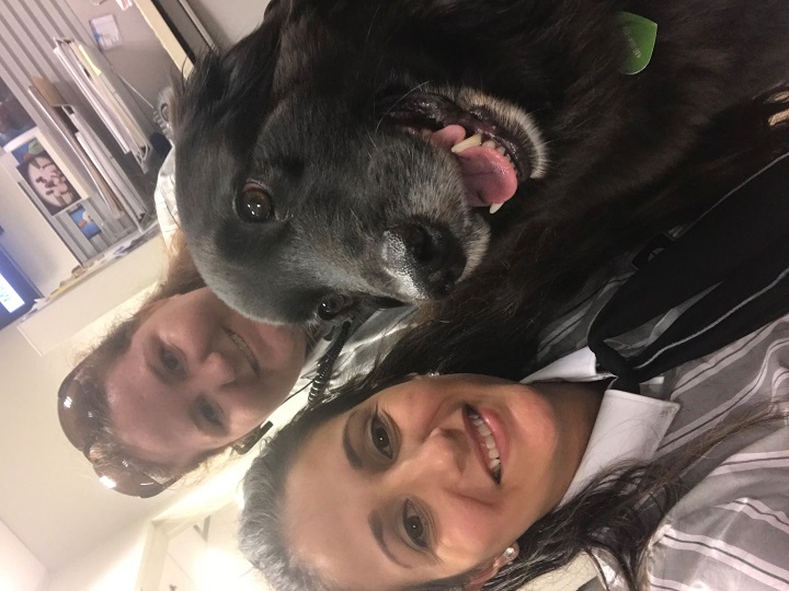 Two GO Transit customer care coordinators, Katherine Irvine and Jessica Beauchamp, took a few selfies with Marley.