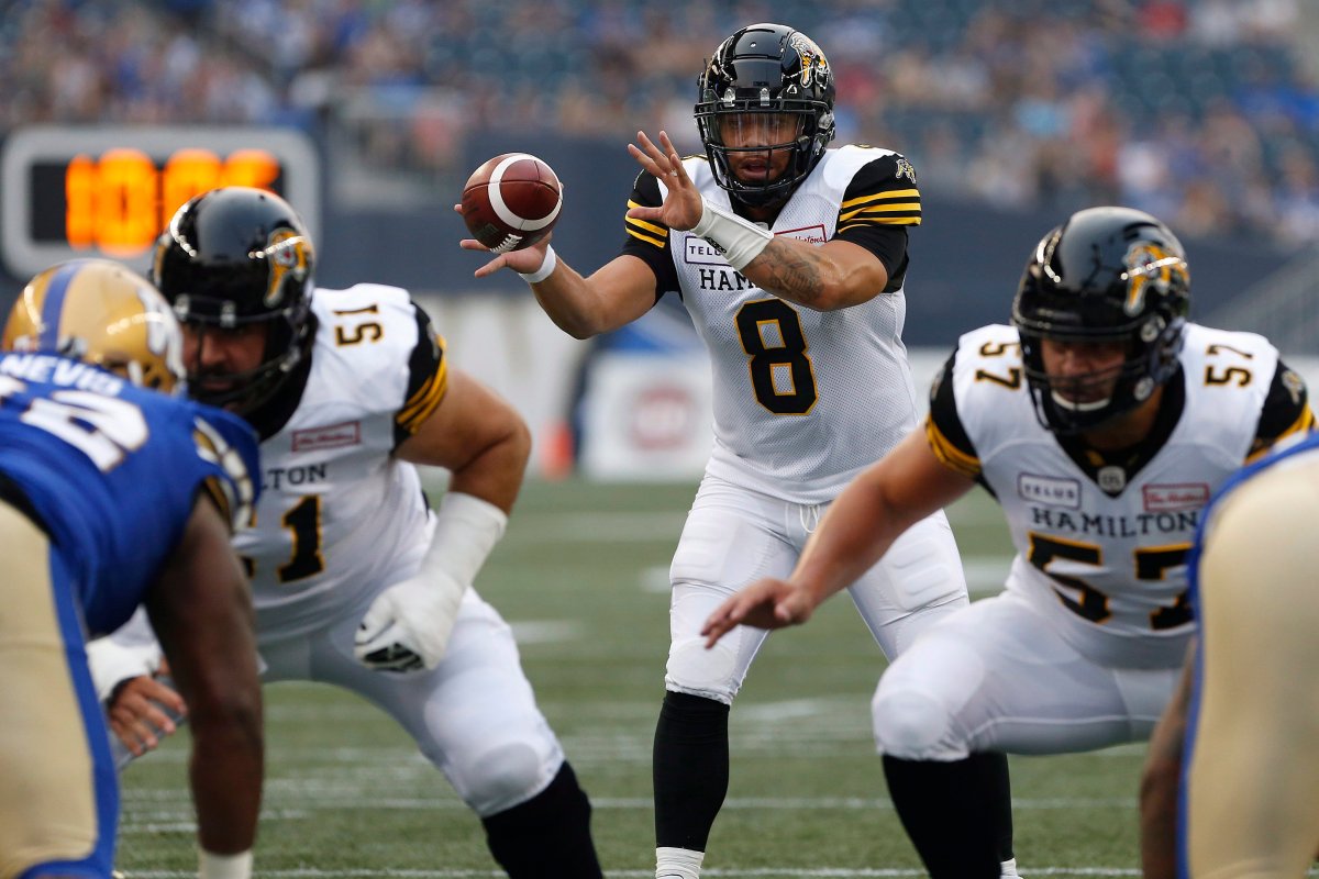 Jeremiah Masoli (8) fell short in their game against the Winnipeg Blue Bombers on Friday, August 10, 2018.