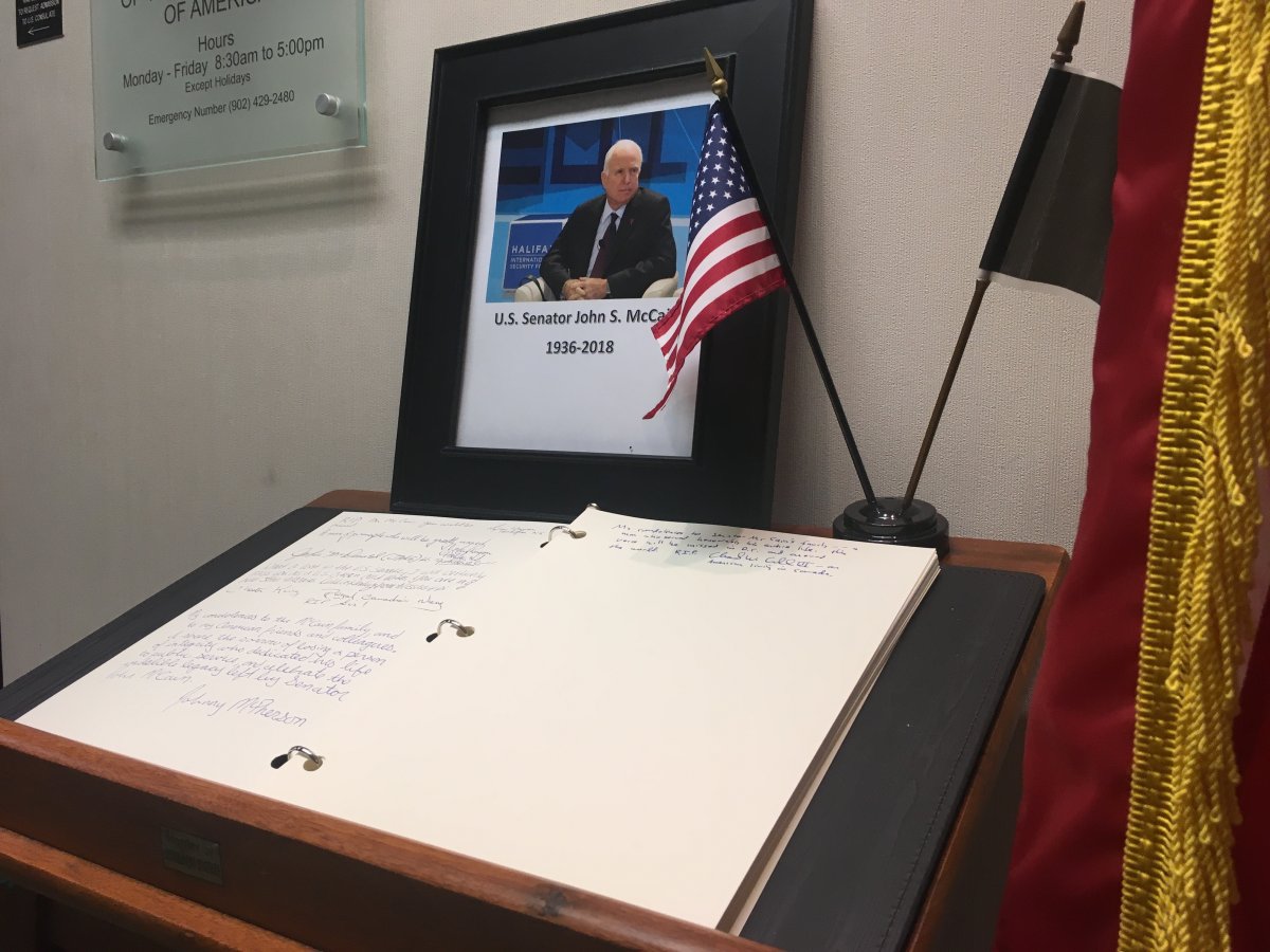 A condolence book for John McCain at the U.S. Consulate General in Halifax. 