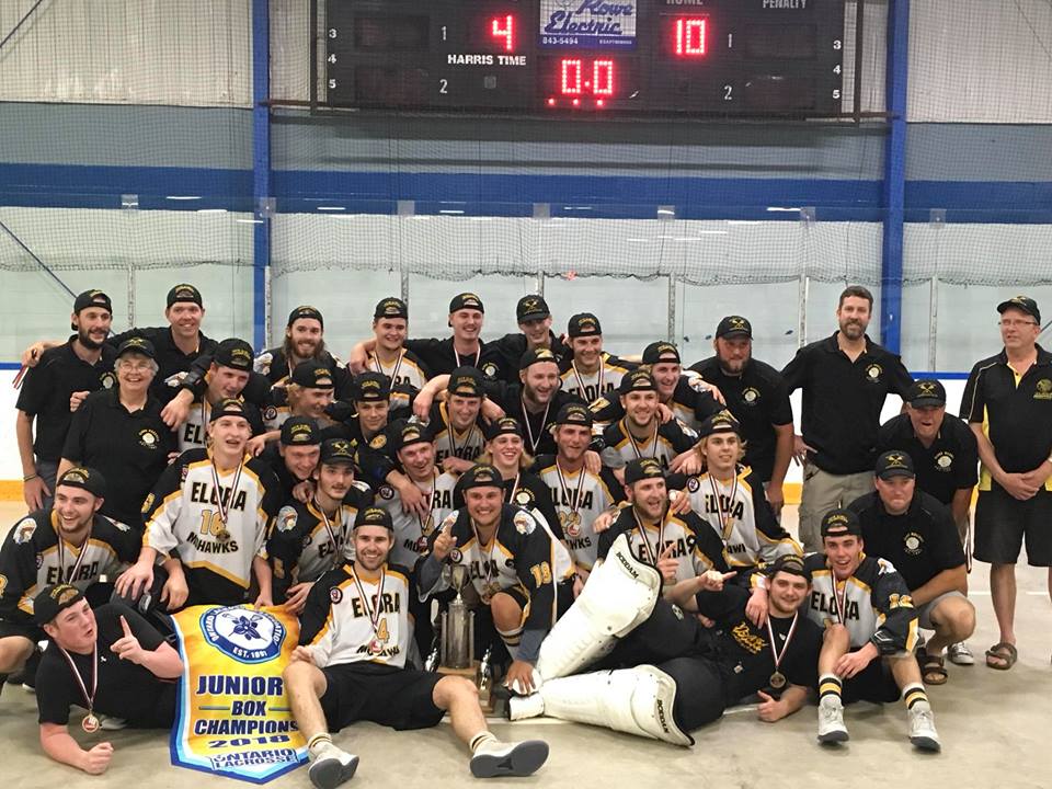 The Elora Mohawks celebrate their 2018 Ontario Junior B championship Thursday night.