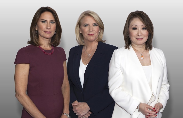 Debra Arbec (left), Jamie Orchard (centre) and Mutsumi Takahashi (right) will host and moderate the leaders debate on Sept. 17, 2018.