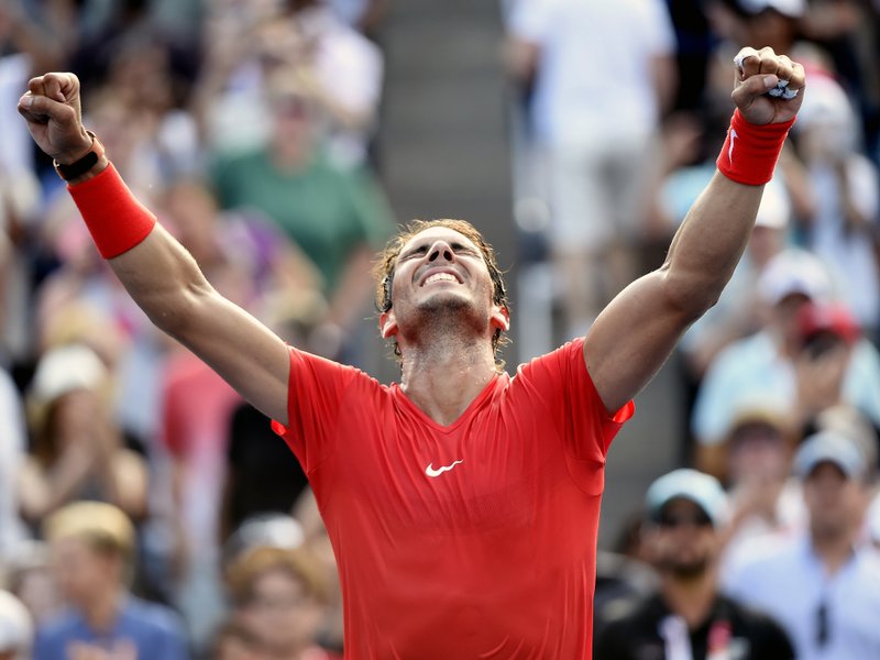 Rafael Nadal, of Spain, celebrates after defeating Stefanos Tsitsipas, of Greece, in the final of the Rogers Cup men’s tennis tournament in Toronto, Sunday, Aug. 12, 2018.