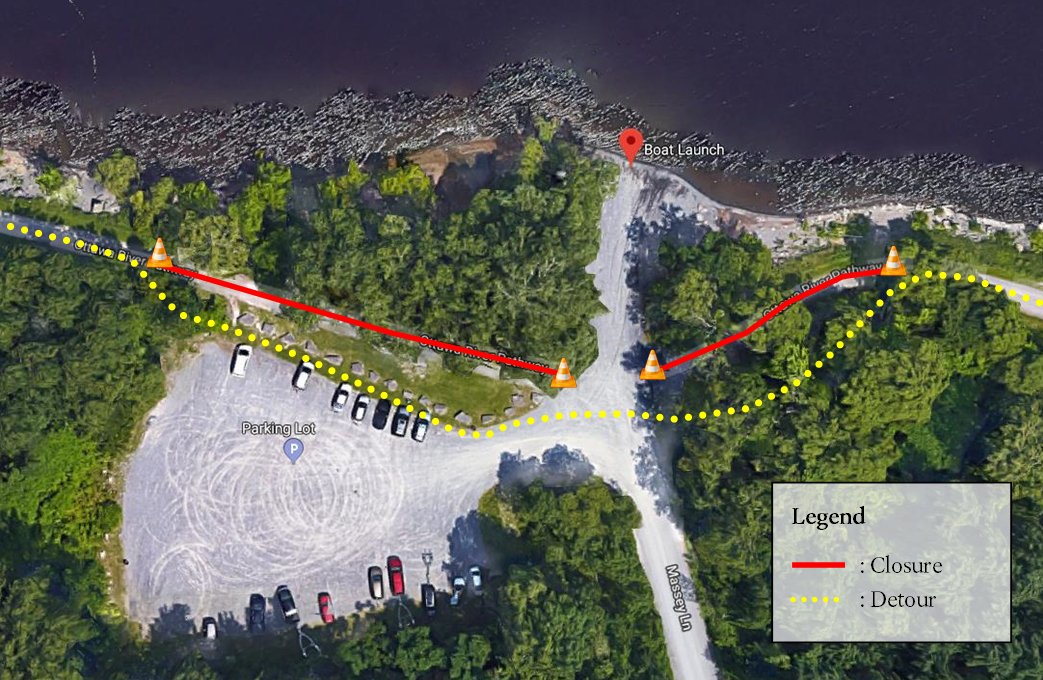 The NCC says this stretch of the Ottawa River Pathway will be closed to both pedestrians and cyclists while repairs take place on Tuesday and Wednesday. The commission is asking pathway users to use the yellow-dotted detour in the meantime. 
