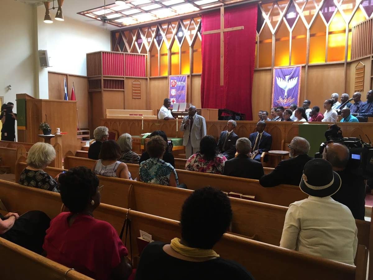 Jazz pianist Oliver Jones speaks about Daisy Peterson Sweeney at Union United Church. Aug. 12, 2018.