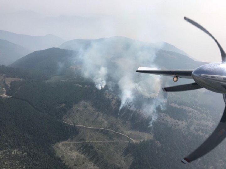 An aerial view of the Olalla Forest Service Road fire, which is burning 10 kilometres north of Keremeos, B.C.