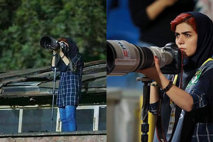 Parisa Pourtaherian, and Iranian photojournalist who defied a ban that prevents women from entering soccer stadiums during men’s matches, by capturing the game perched atop a nearby roof. 