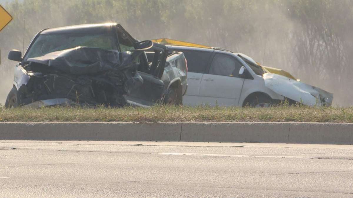 A serious two-vehicle collision Wednesday resulted in the closure of the eastbound lanes of the Perimeter Highway at Brady Road for much of the day.