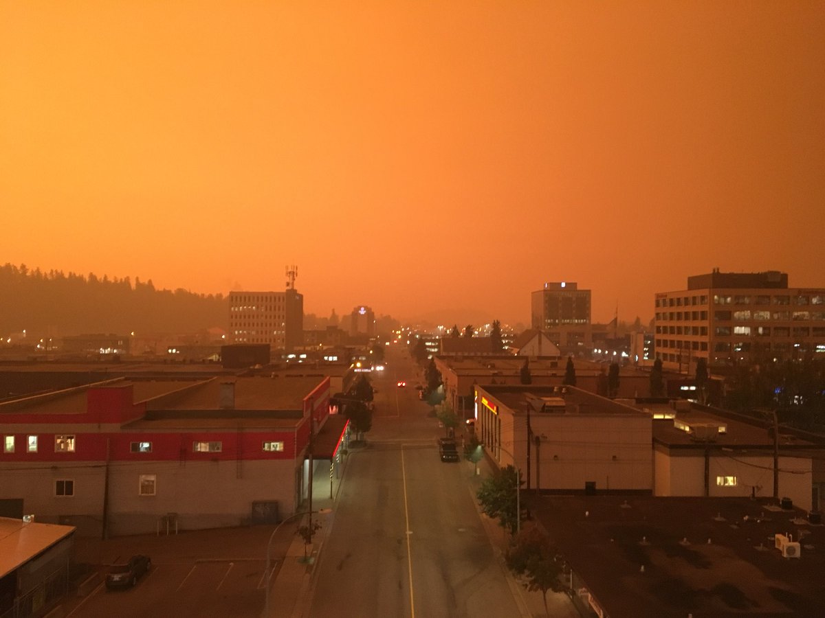 Thick wildfire smoke in Prince George made day appear night-like on Friday morning.