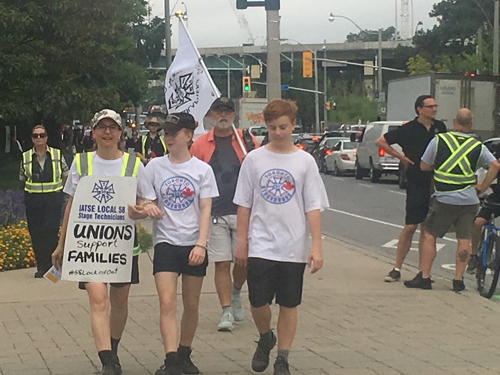 Locked out stagehands picket at Exhibition Place grounds in Toronto on Aug. 17, 2018.