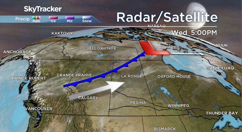 Smoke over Alberta and Saskatchewan moving along a cold front.