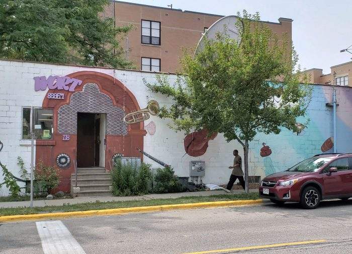 The exterior of community radio station WORT-FM in Madison, Wis., is pictured after an early morning shooting by an intruder left one of the station’s disc jockeys with non-life threatening injuries Sunday, Aug. 5, 2018.