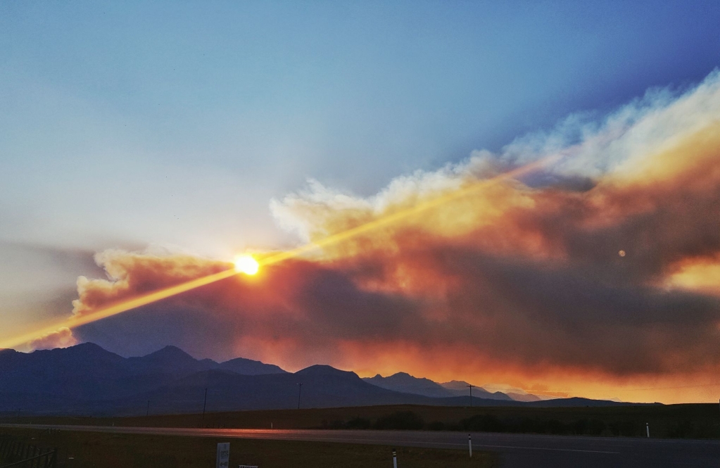 Smoke from the Wise Creek fire darkens the sky over Alberta's Waterton Lakes National Park.