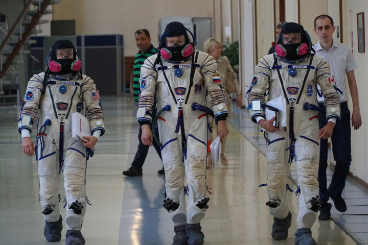 Canadian astronaut David Saint-Jacques alongside Russian commander Oleg Kononenko and American Anne McClain. The three are pictured during training at the Yuri Gagarin Cosmonaut Training Center in Moscow, Oblast, Russia.