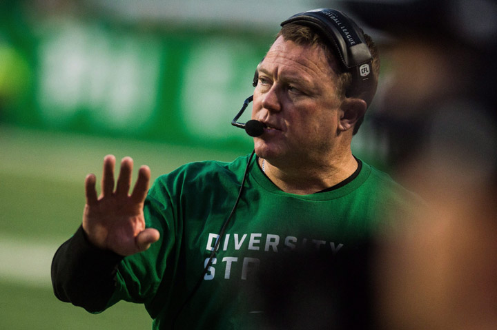 Saskatchewan Roughriders head coach Chris Jones offers instruction during second half CFL action against the Calgary Stampeders, in Regina on Sunday, August 19, 2018. The Saskatchewan Roughriders defeated the Calgary Stampeders 40-27. 