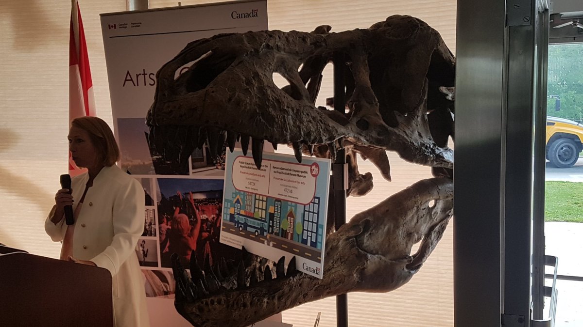 The skull of Scotty the T. rex sits on a podium in the entrance of the Royal Saskatchewan Museum. 