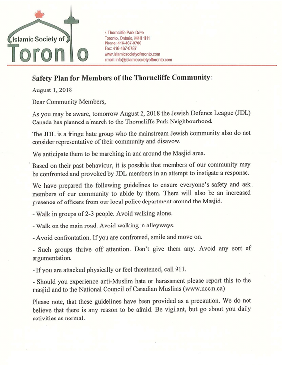 Advisory to Thorncliffe Park residents about “fringe hate group.”