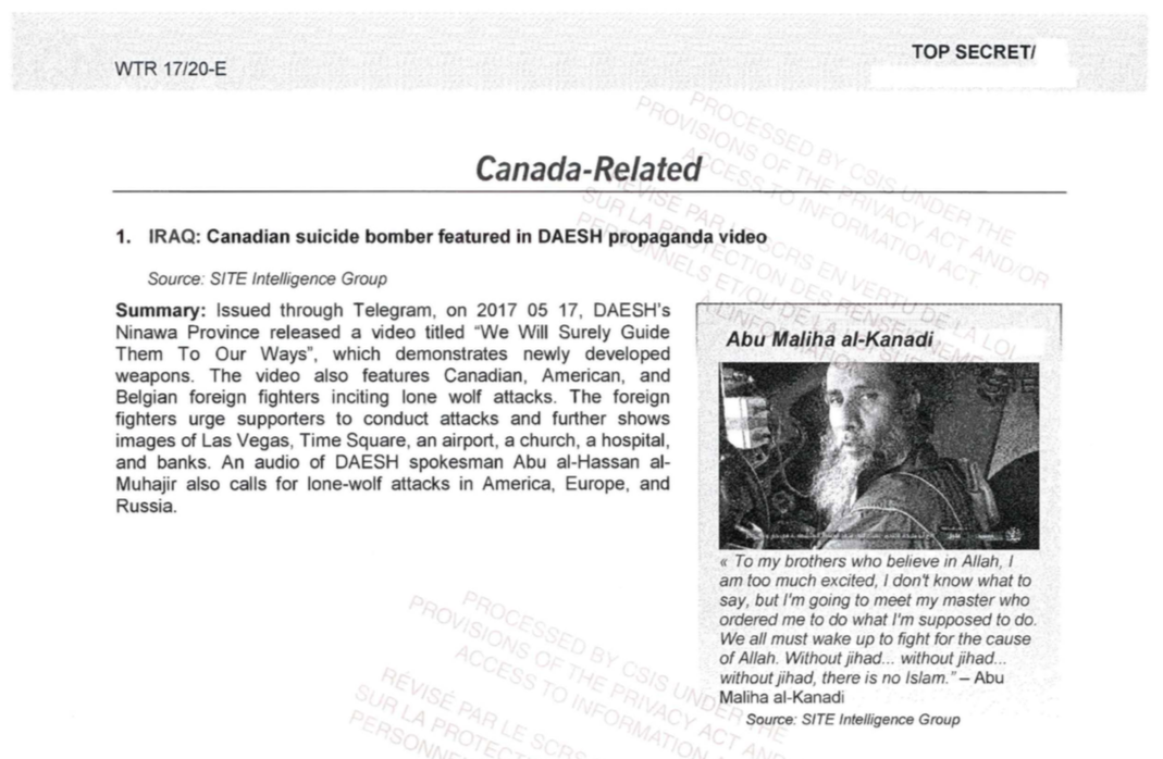 Declassified intelligence report on reported death of Canadian ISIS member in Iraq.