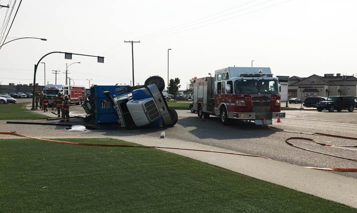 Police are asking drivers to avoid an overturned vehicle that is blocking Saskatoon traffic on Millar Avenue.