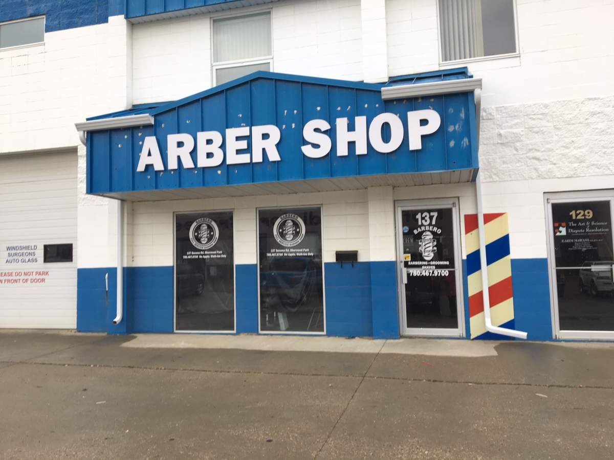 A barber shop at 137 Seneca Road in Sherwood Park, Alta. where Alberta police believe drugs were being trafficked. August 3, 2018.
